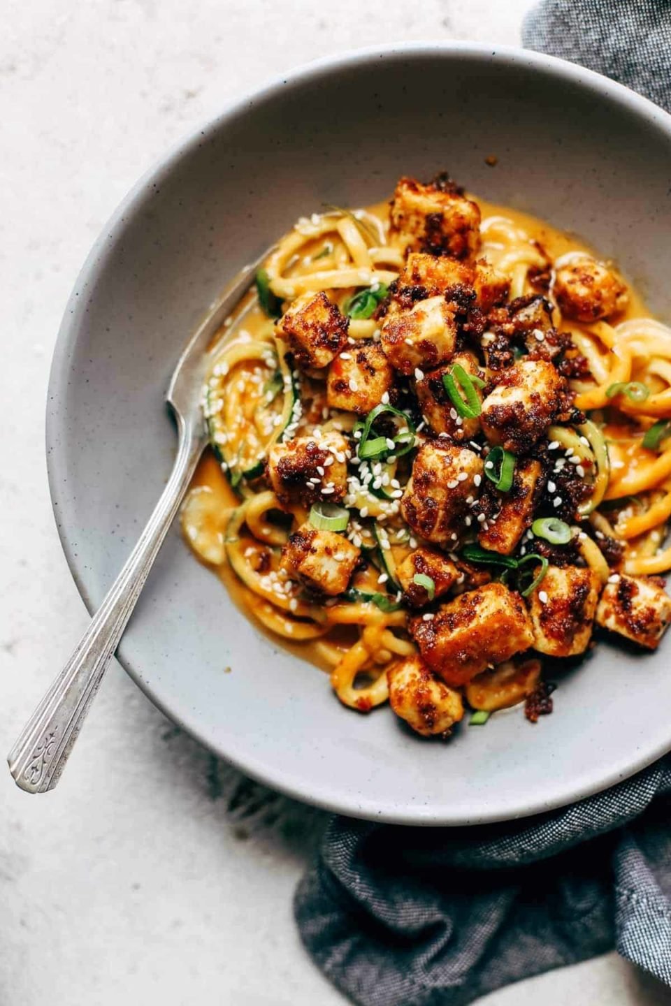 Spicy Sesame Zoodles with Crispy Tofu Recipe Pinch of Yum