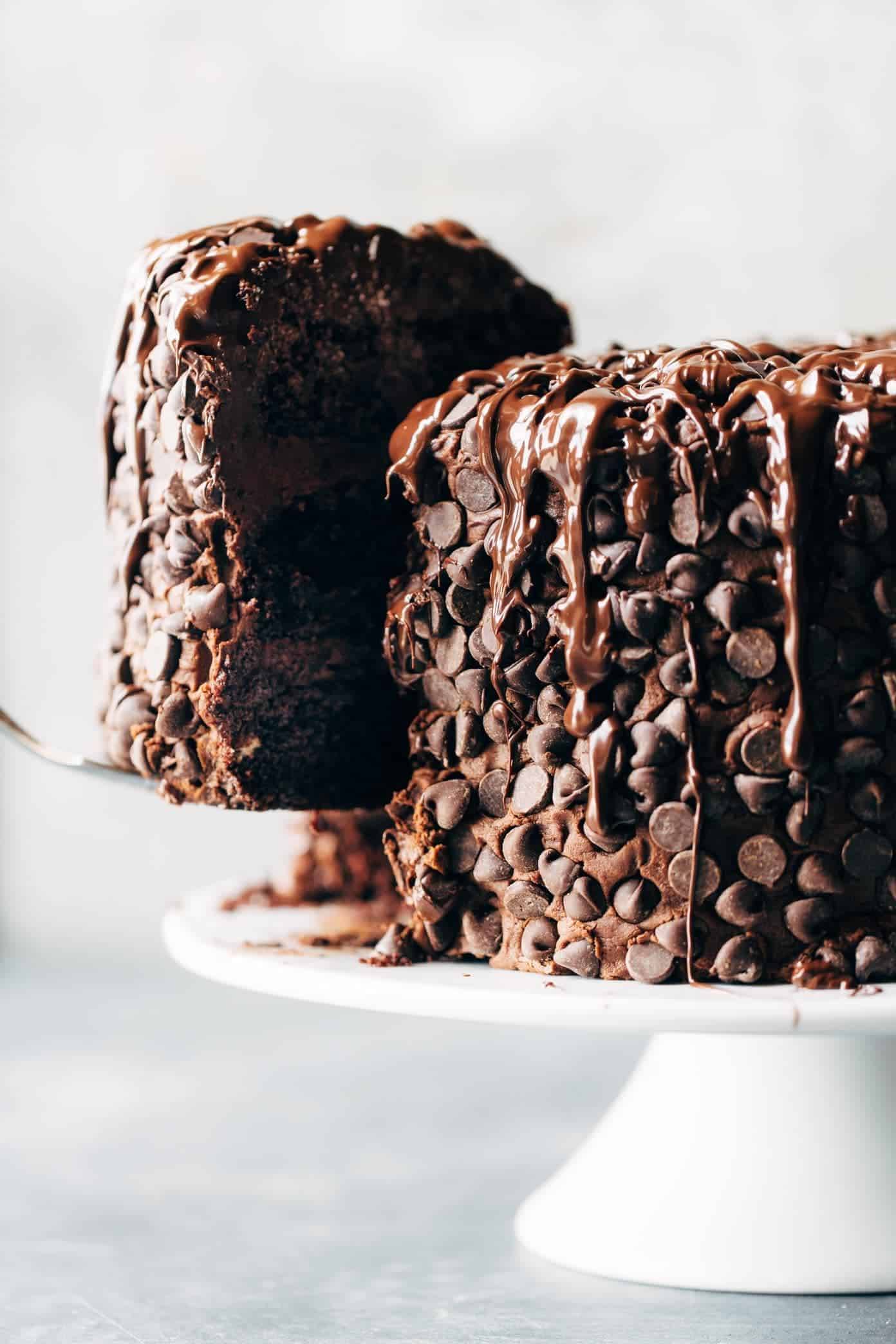 Blackout Chocolate Cake on a cakestand