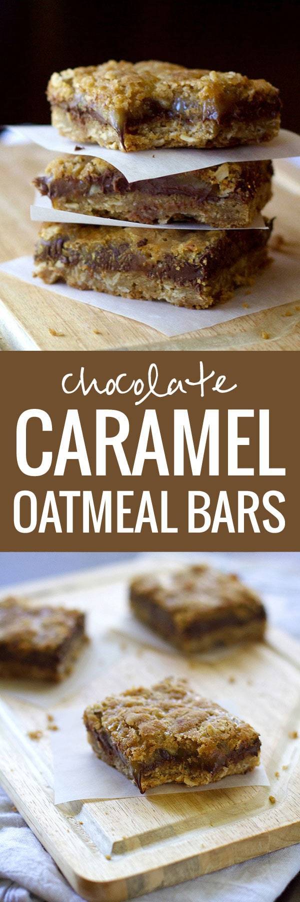 Chocolate Caramel Oatmeal Bars with an ooey-gooey-chocolate-caramel middle layer, and a buttery-soft oatmeal cookie crust.