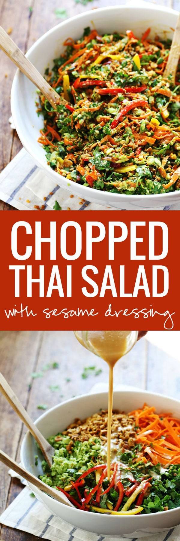 Chopped Thai Salad with Sesame Garlic Dressing - a rainbow of power veggies including edamame, bell peppers, kale, spicy cashews, and cilantro tossed with a flavorful made-from-scratch Thai dressing. 390 calories.