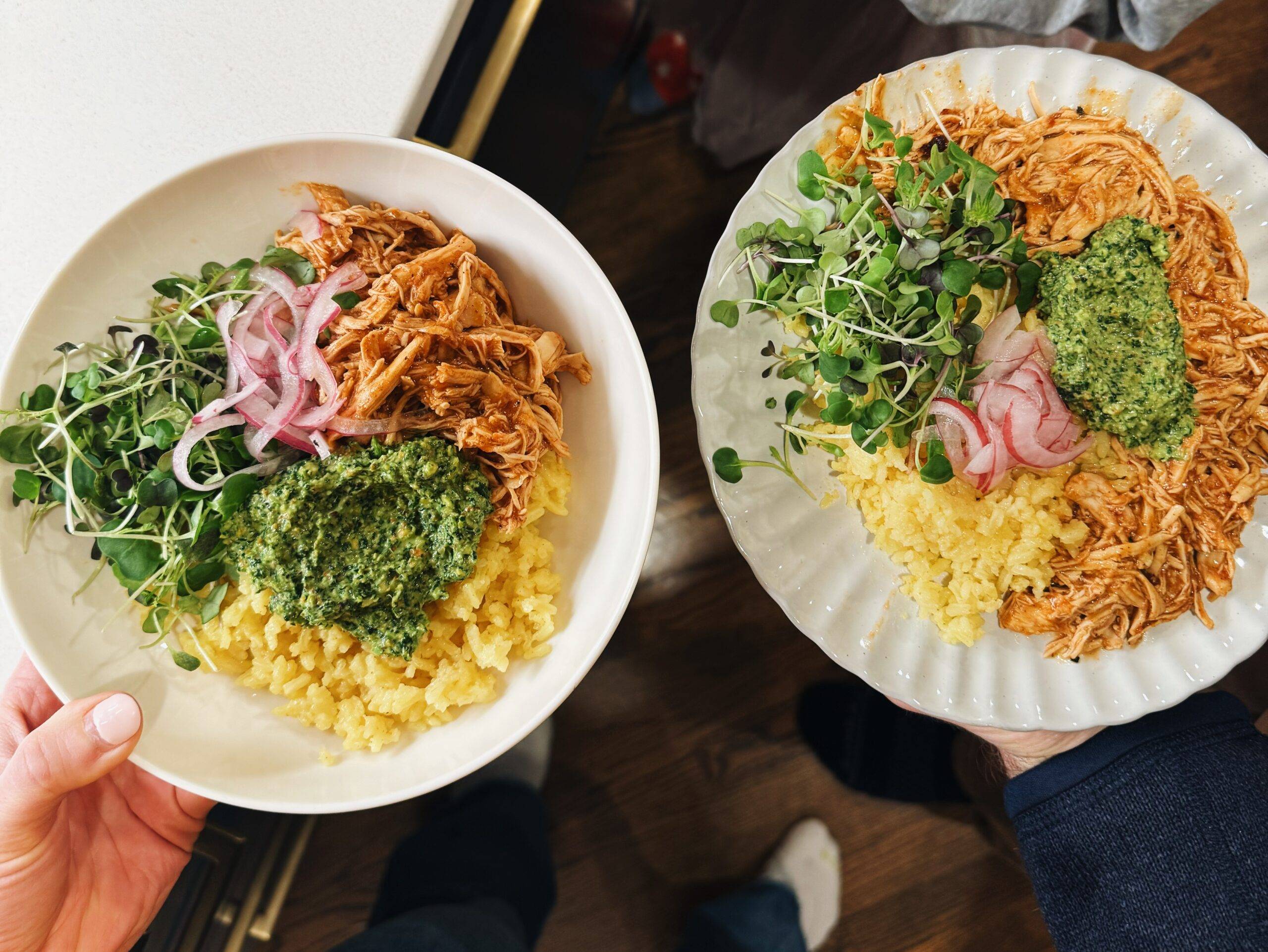 Chicken bowls with rice and cilantro pesto.