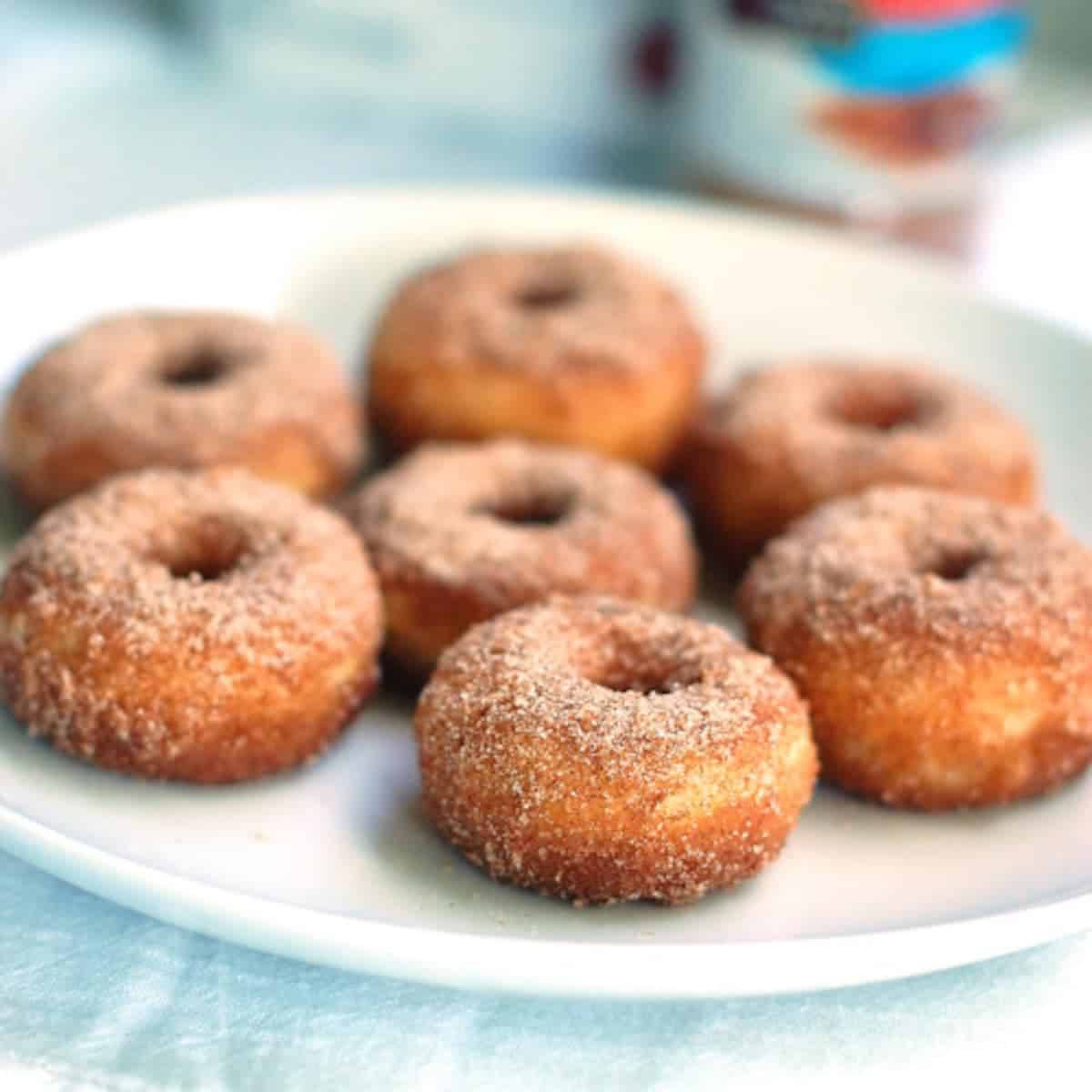 Cinnamon sugar mini donuts on a plate.