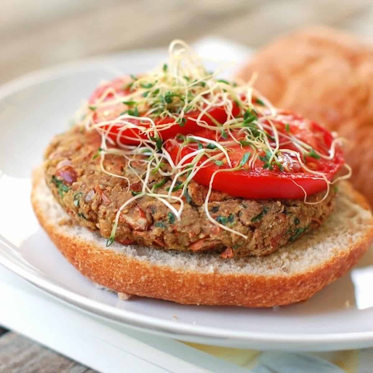 Bean burger with pinto beans, almonds, and sunflower seeds.