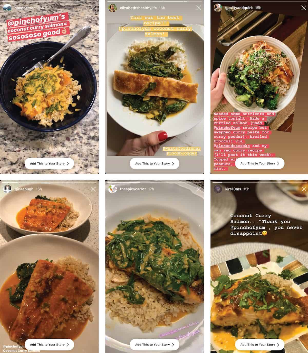 Instagram story images of Coconut Curry Salmon.