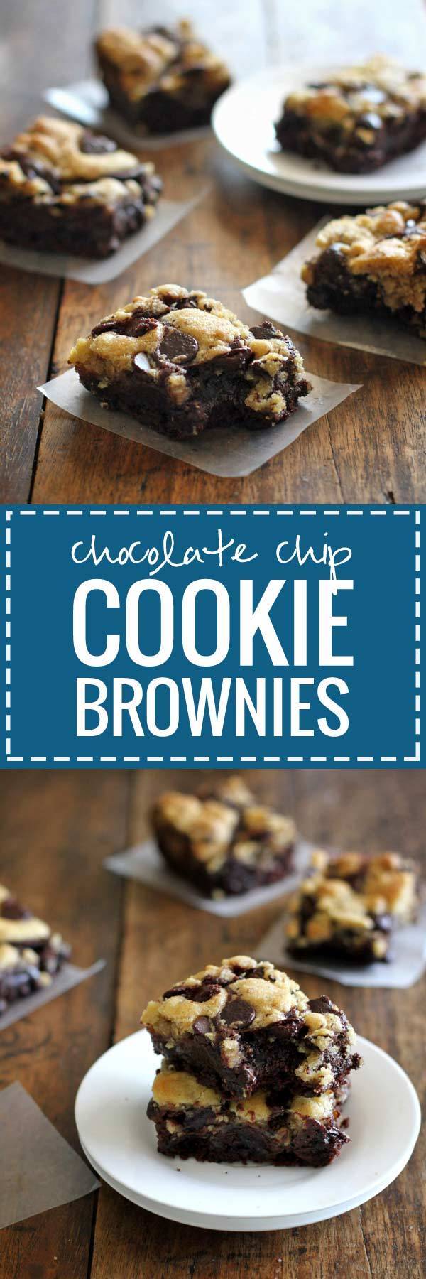 Chocolate Chip Cookie Brownies - These easy chocolate chip cookie brownies have my very favorite chocolate chip cookie dough baked into the top layer of decadent, fudgy brownies | pinchofyum.com