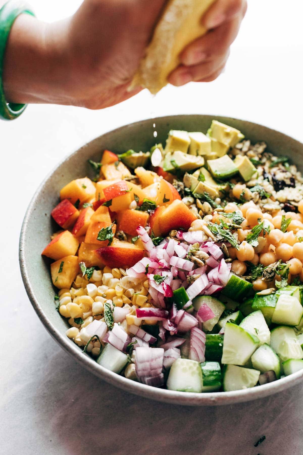 Couscous summer salad with lemon juice squeezed on top.