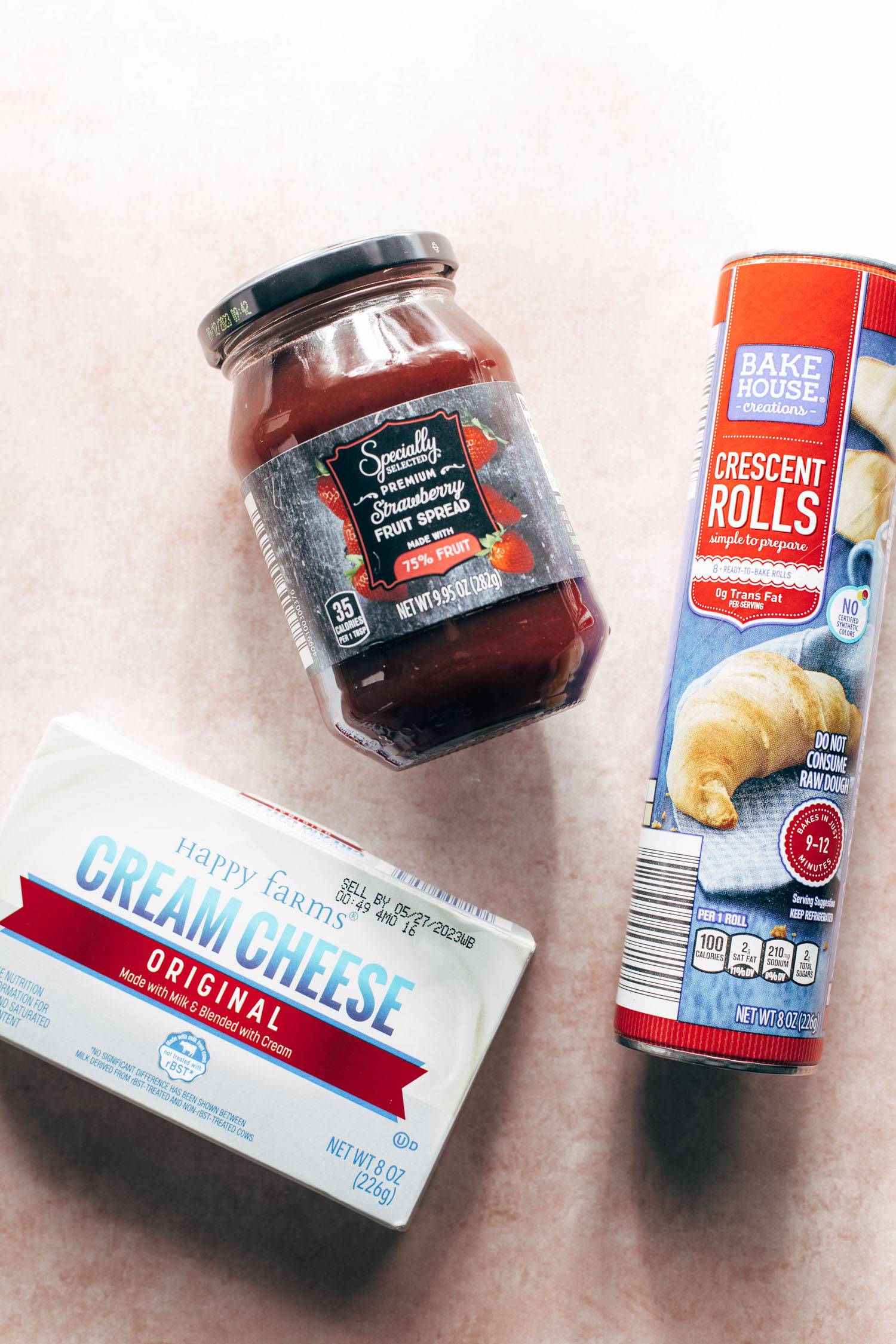 Cream cheese, jam, and crescent roll ingredients