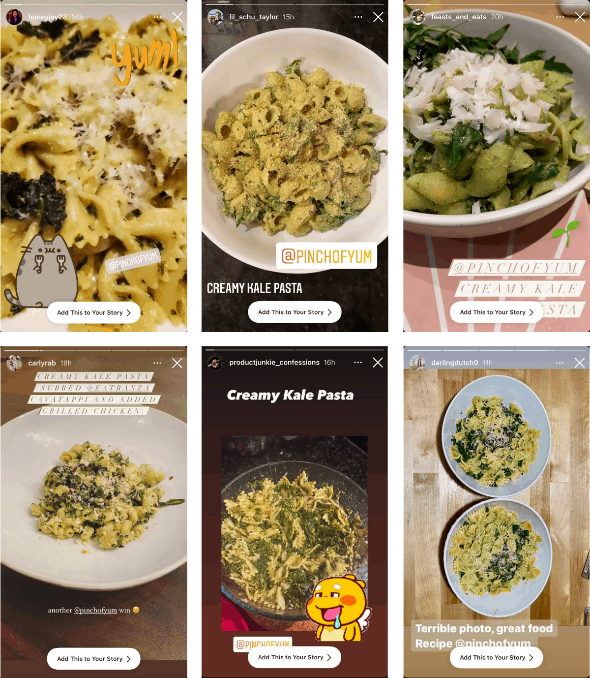 Instagram images of creamy kale pasta.
