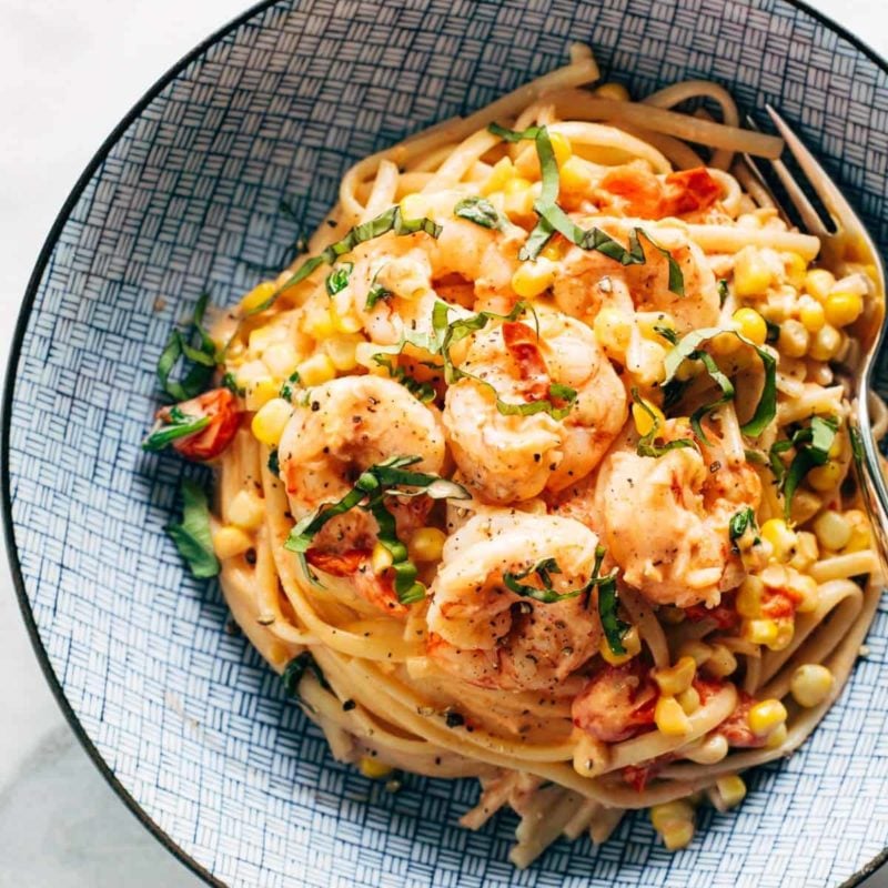A picture of Creamy Shrimp Pasta with Corn and Tomatoes