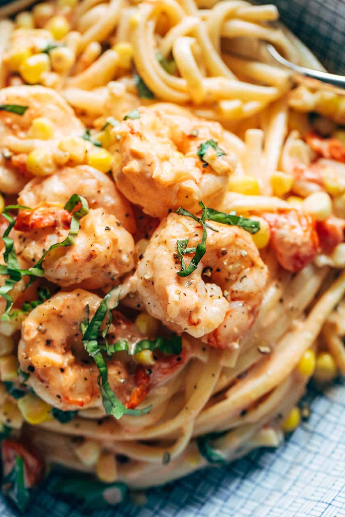 Creamy shrimp pasta close-up.