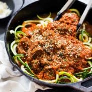 Creamy Vodka Steak Pasta in a pan with zoodles.