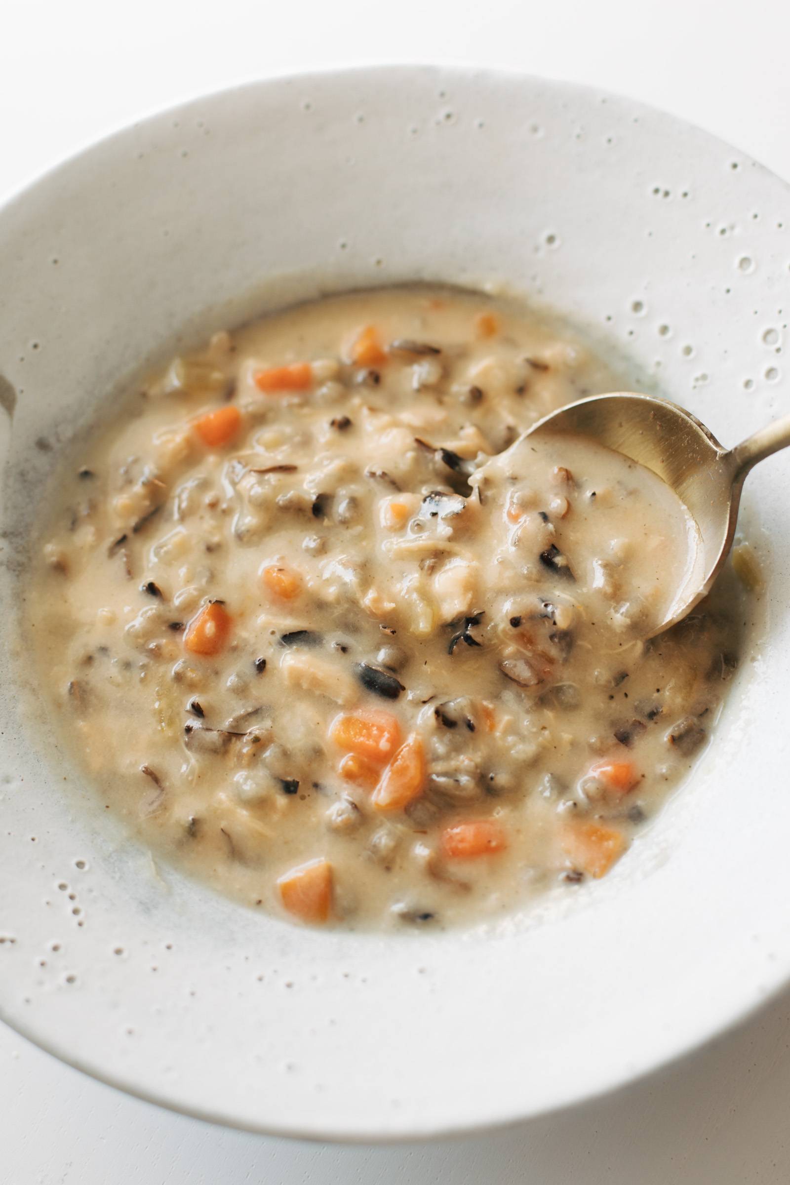 Chicken wild rice soup in a bowl with a spoon.