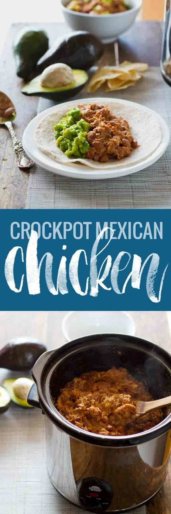 A 5-ingredient crockpot recipe for Mexican-style chicken and pinto beans. Perfect for easy burritos, tacos, and enchiladas. 185 calories per serving.
