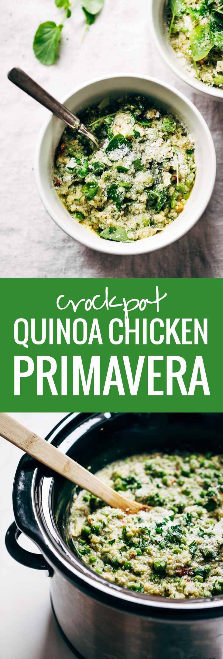 This Crockpot Quinoa Chicken Primavera is both healthy and comforting, plus it makes for a super easy dinner! Loaded with peas, asparagus, quinoa, garlic, parmesan, and chicken. YUM!