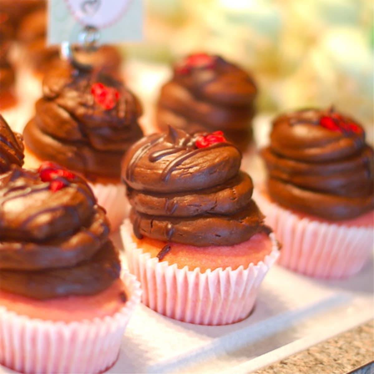 Pink cupcakes with chocolate frosting.
