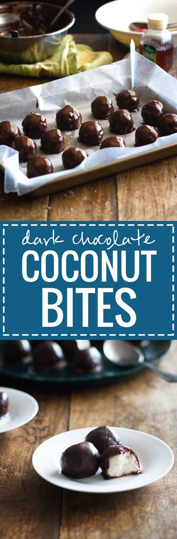Dark Chocolate Coconut Bites - These dark chocolate coconut bites look like cute truffles and require just four ingredients. 130 calories of natural sweetness.