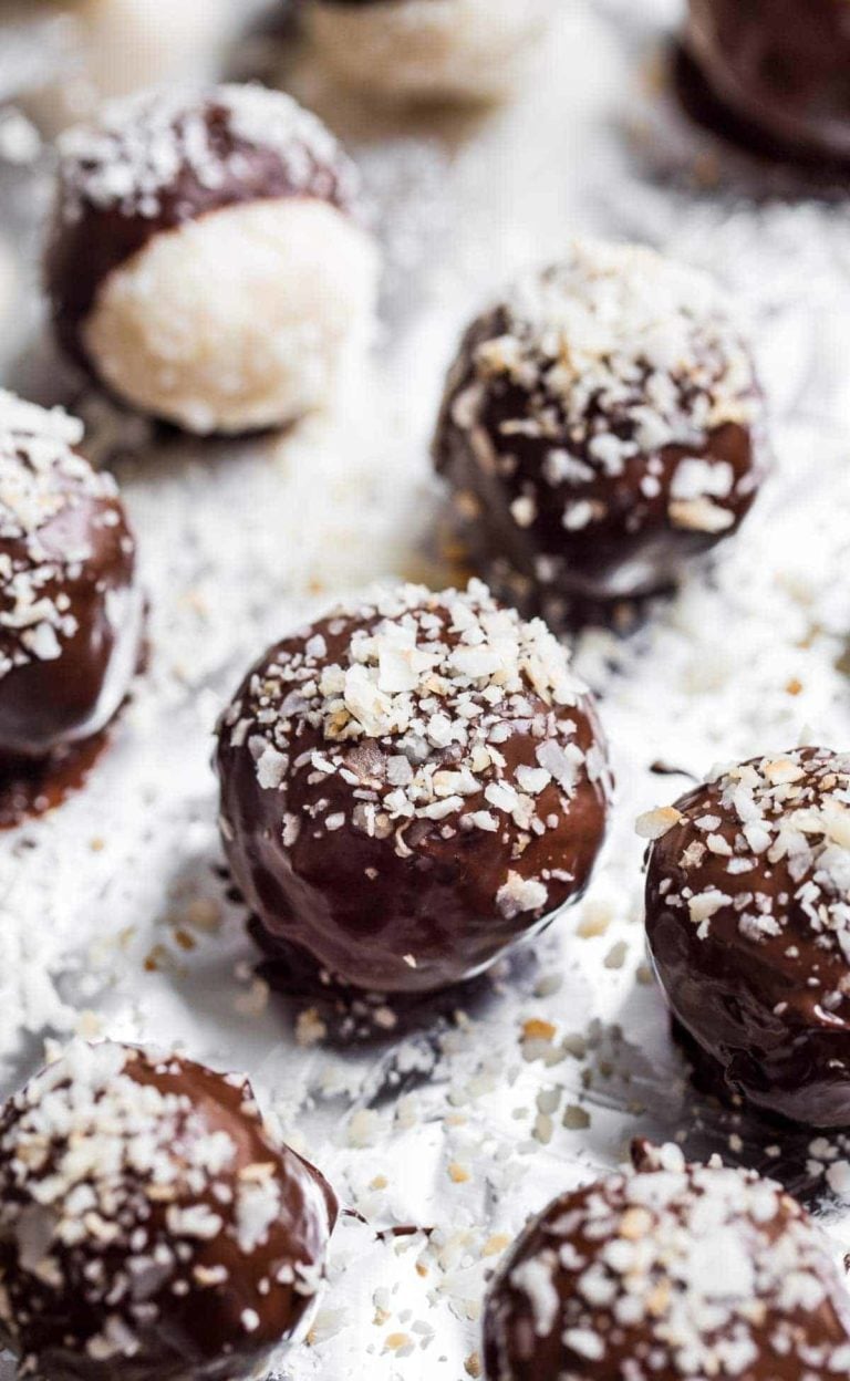 Chocolate Coconut Truffles on a baking sheet.