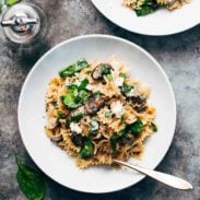 Mushroom Pasta with goat cheese in a bowl.