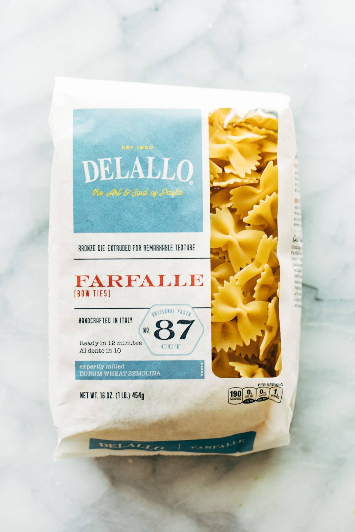DeLallo farfalle pasta bag.