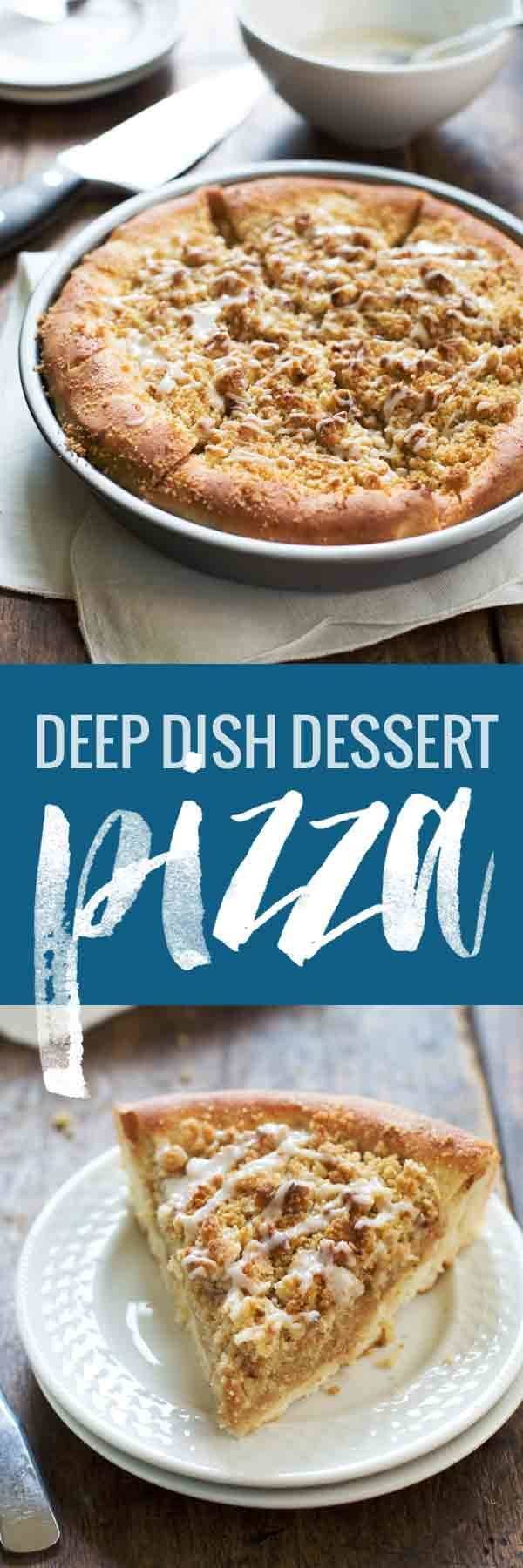 This Deep Dish Cinnamon Streusel Dessert Pizza has buttery brown sugar streusel crumbles and creamy maple glaze. 30 minutes from start to finish.