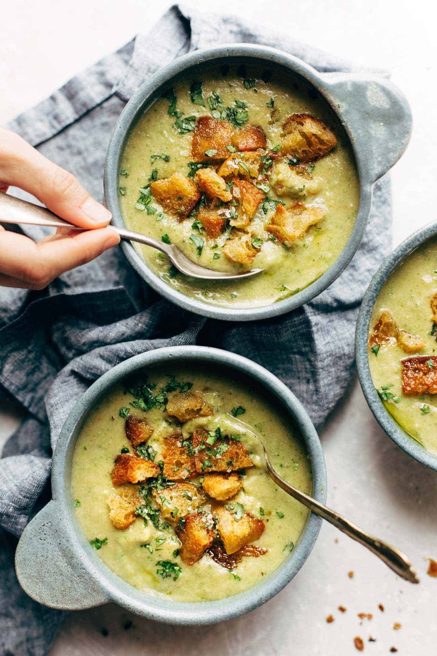 Vegan broccoli cheese soup in bowls.