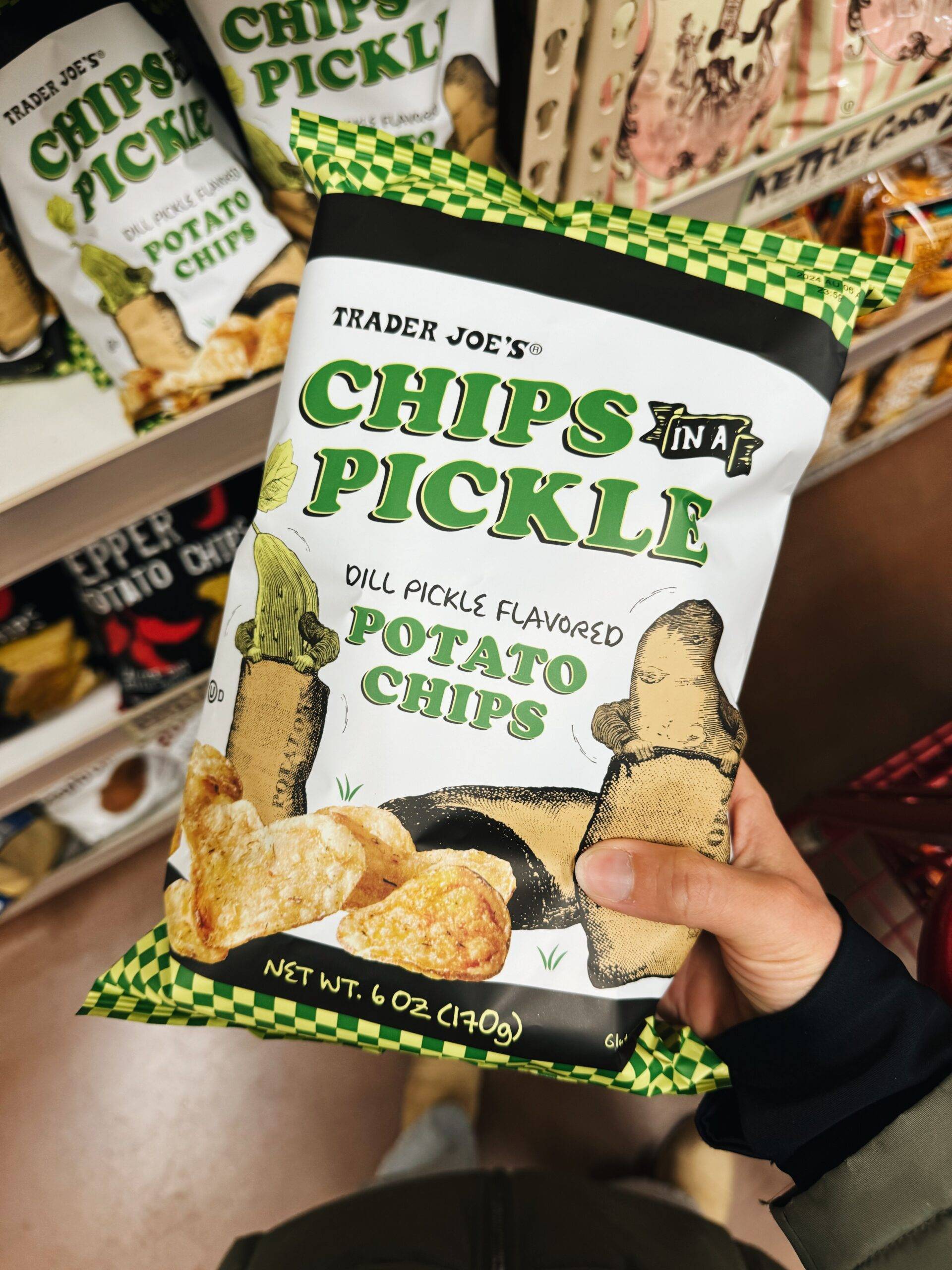Chips in a pickle dill pickled chips bag.