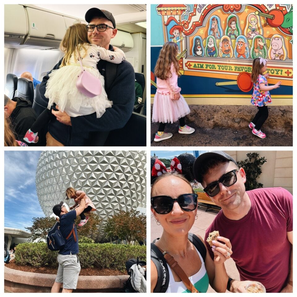 Four images from Walt Disney World: Bjork on the plane, girls in front of a mural, Bjork in front of entrance, and Lindsay and Bjork eating outside.