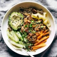 Dynamite Plant Power Sushi Bowl with carrots, cucumber, avocado, ginger and tofu.