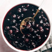 Blueberry sauce in a bowl with a spoon