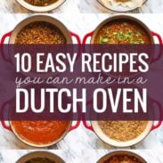 Collage of foods in dutch ovens.
