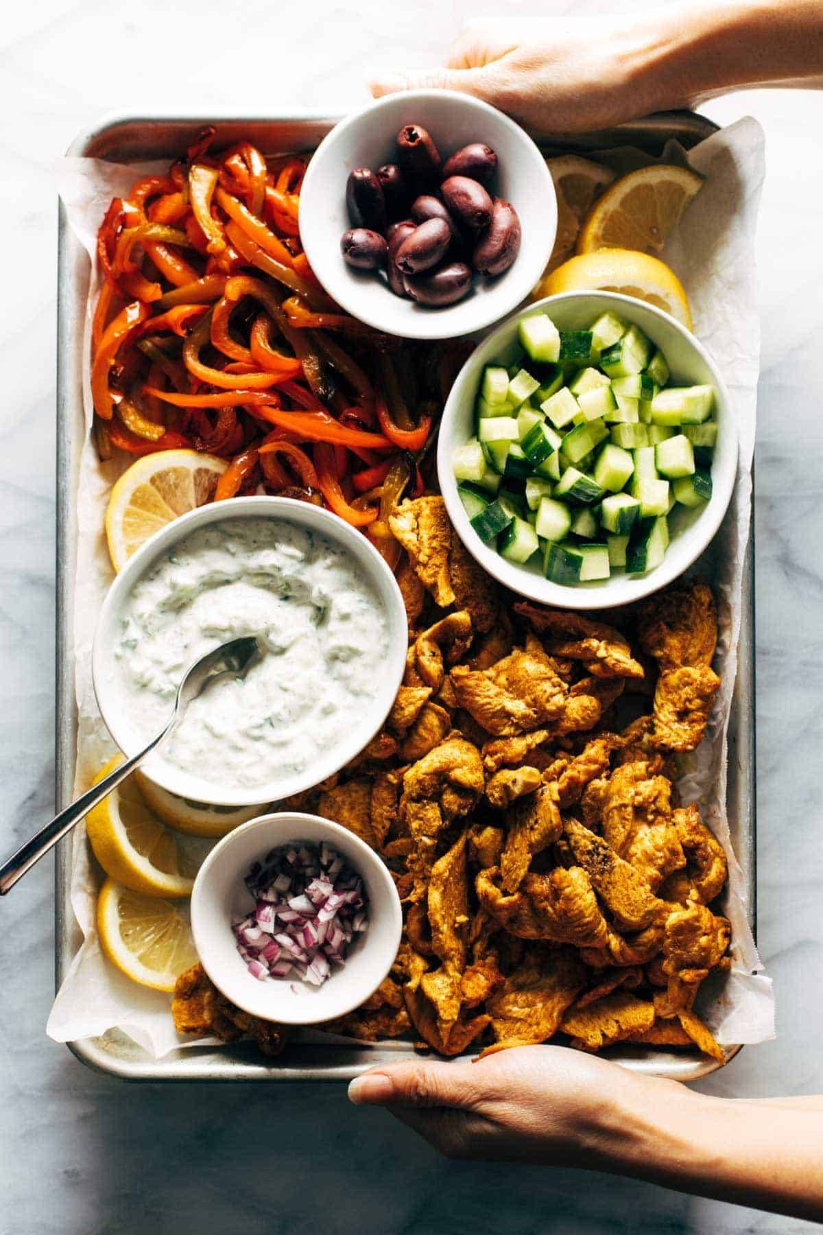 Sheet Pan Chicken Pitas With Tzatziki Recipe Pinch Of Yum