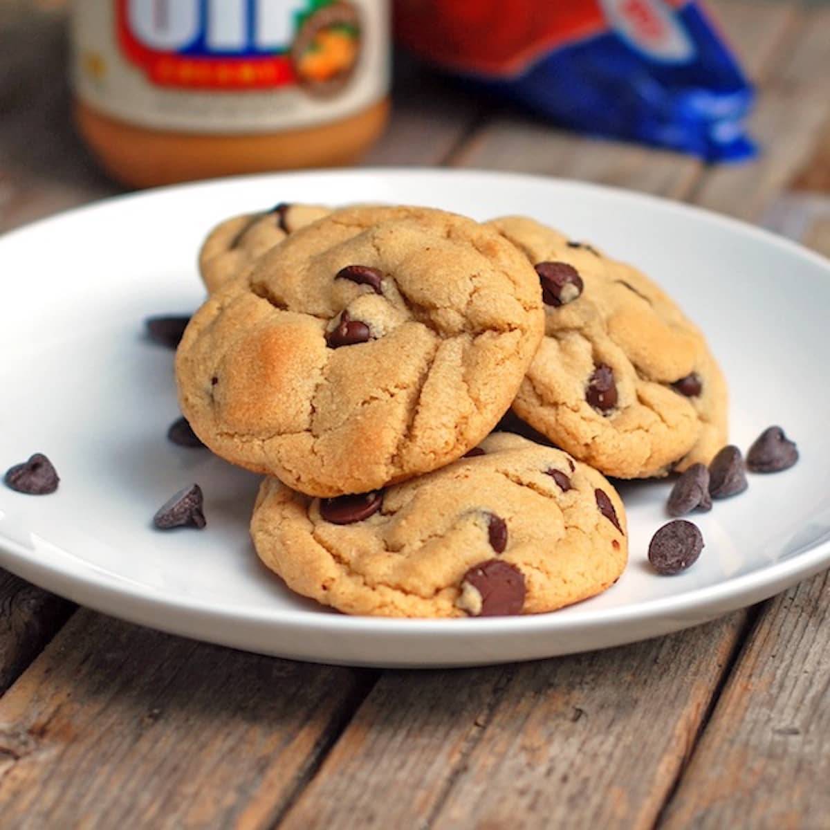 Peanut Butter Cookies on a plate with chocolate chips.