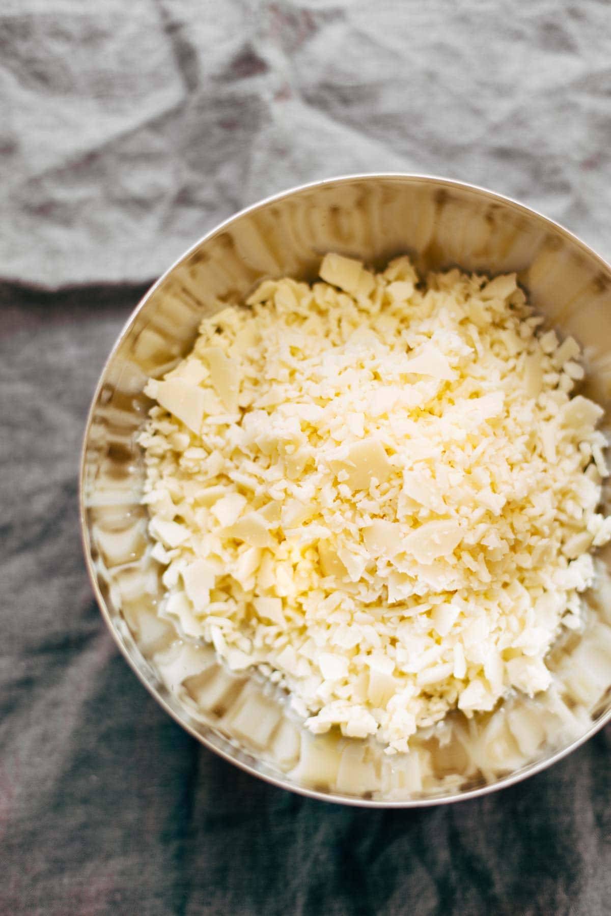 cheese in a bowl for cheese fondue