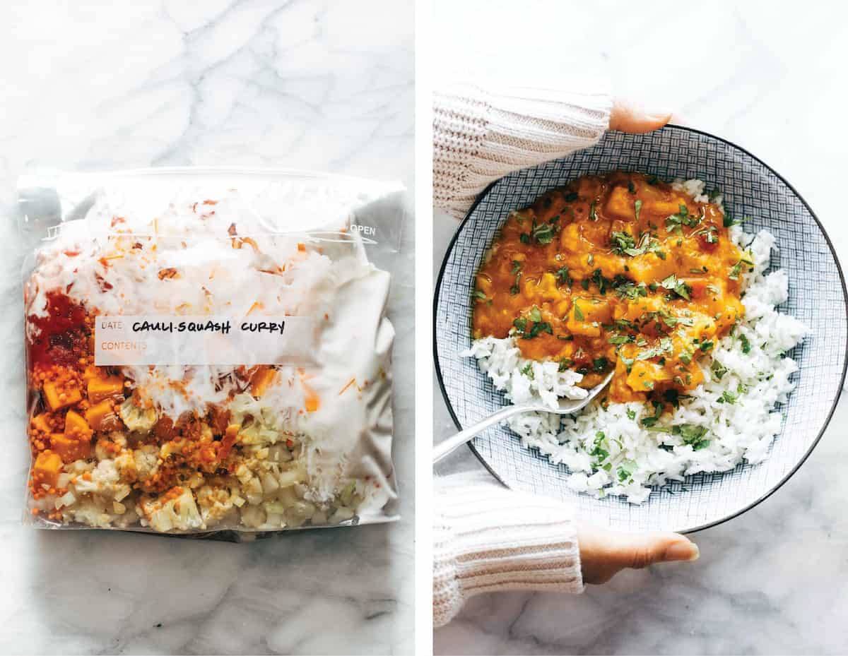 Instant Pot Cauliflower Curry frozen in a bag and then in a bowl with a spoon.