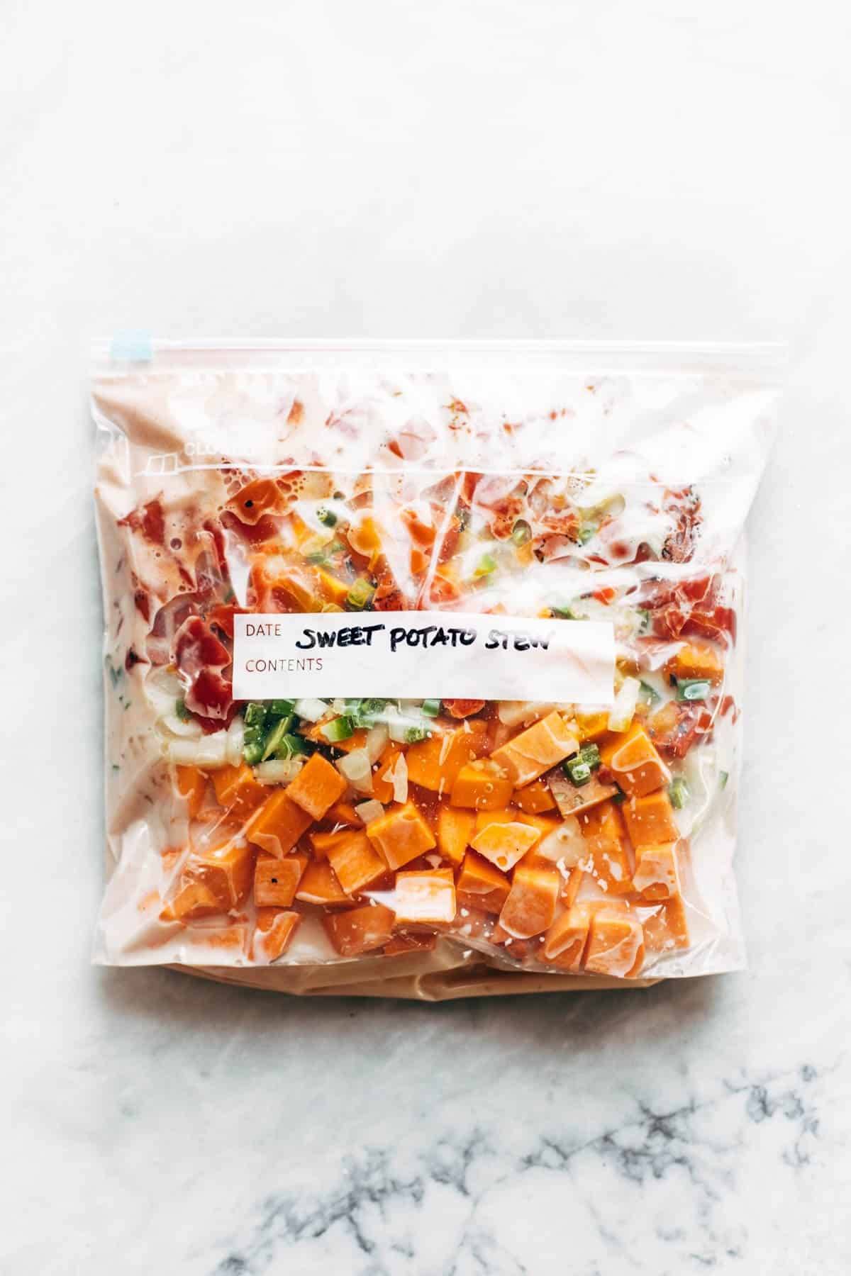 Spicy sweet potato peanut stew in a bag.