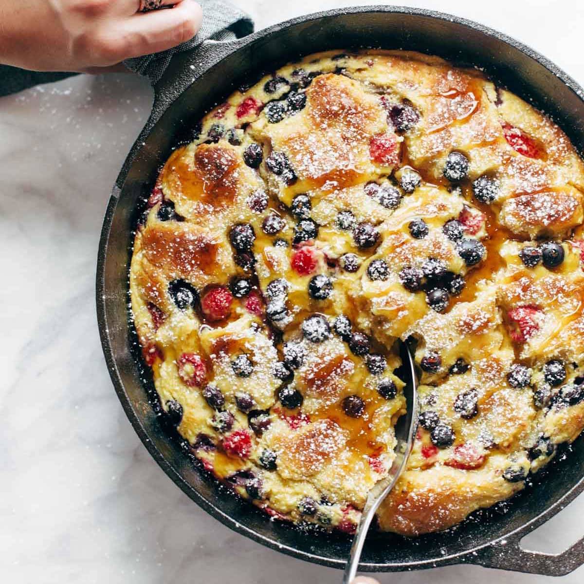 French Toast Casserole in a cast iron pan.