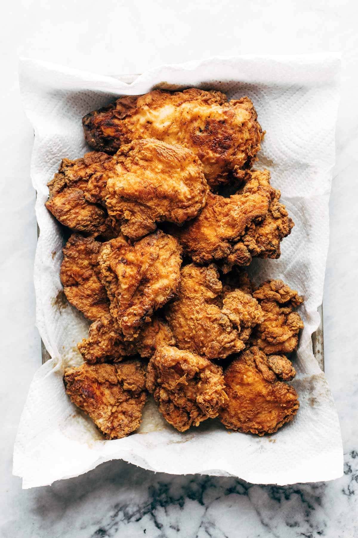 Fried chicken on a paper towel.