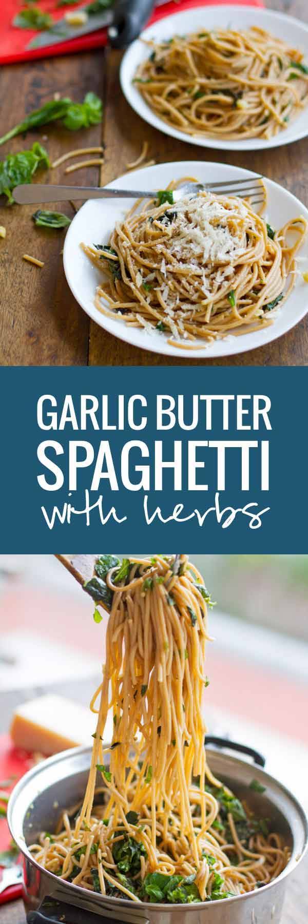 Garlic Butter Spaghetti with Herbs - Spaghetti with a creamy and fresh taste | pinchofyum.com