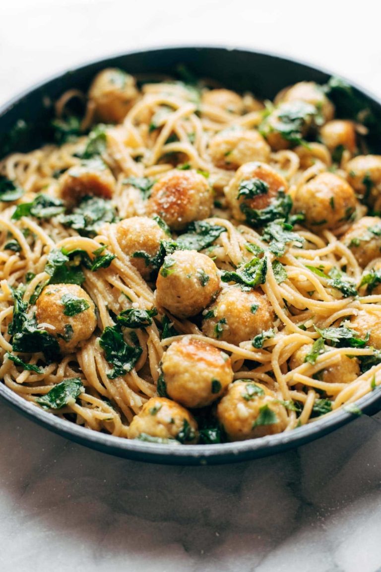 Garlic Herb Spaghetti with Chicken Meatballs Recipe Pinch of Yum