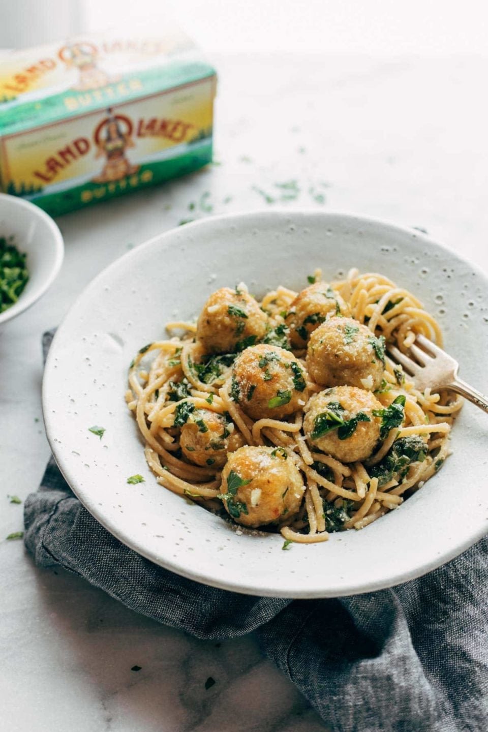 Garlic Herb Spaghetti with Chicken Meatballs Recipe Pinch of Yum