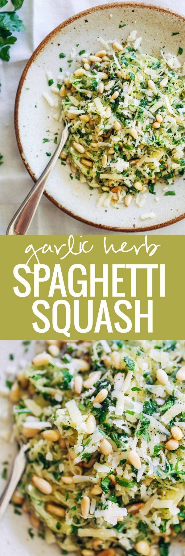 Garlic Spaghetti Squash with Herbs + pine nuts and Gruyère cheese. 300 calories. | pinchofyum.com