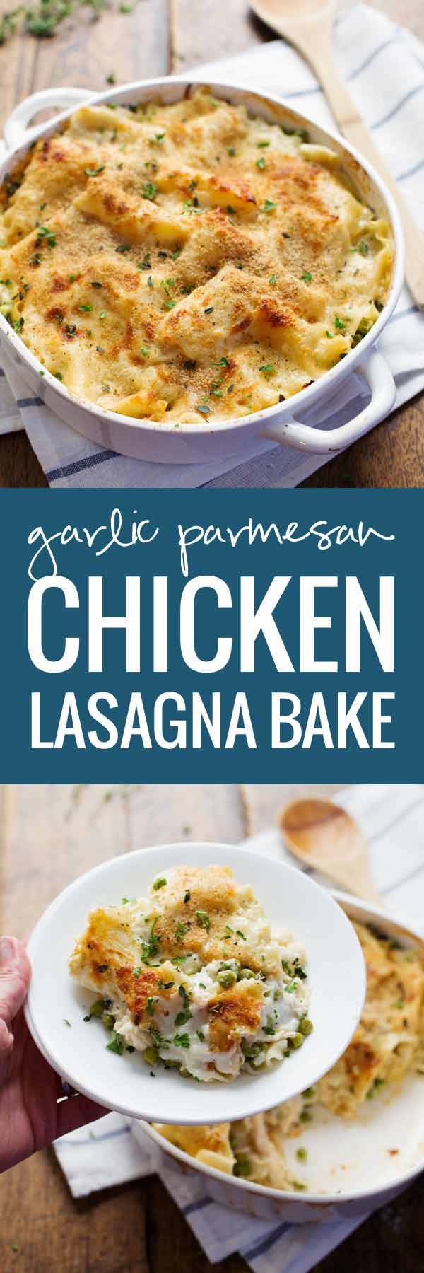 Garlic Parmesan Chicken Lasagna Bake! Layers of lasagna noodles, chicken, peas, creamy garlic Parmesan sauce -- srcset=