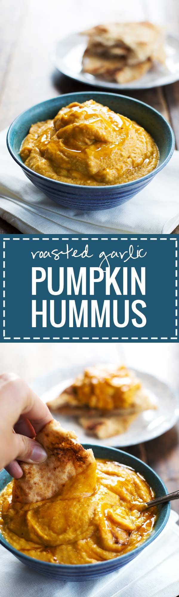 This Roasted Garlic & Rosemary Pumpkin Hummus has amazing flavor and just 100 calories! Takes 5 minutes and you can serve it with pita bread, veggies, and other snacks | pinchofyum.com