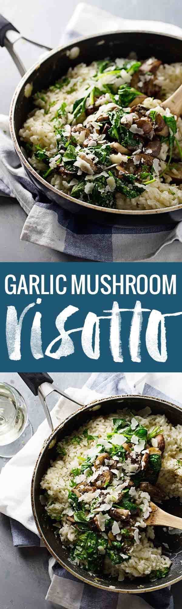 Garlic Butter Mushroom Risotto - super simple! white wine, garlic, mushrooms, butter, spinach, and creamy risotto. 370 calories. | pinchofyum.com