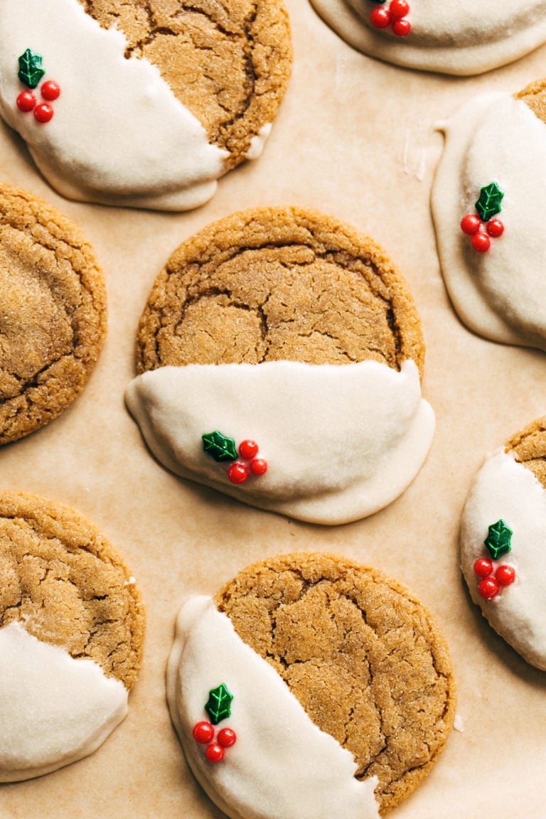 Gingerbread cookies with icing and holly sprinkles