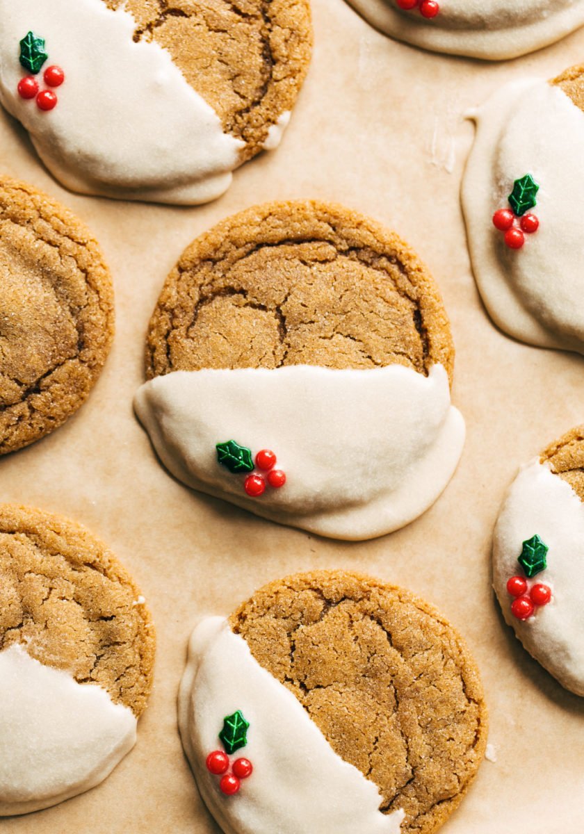 Gingerbread cookies with icing and holly sprinkles