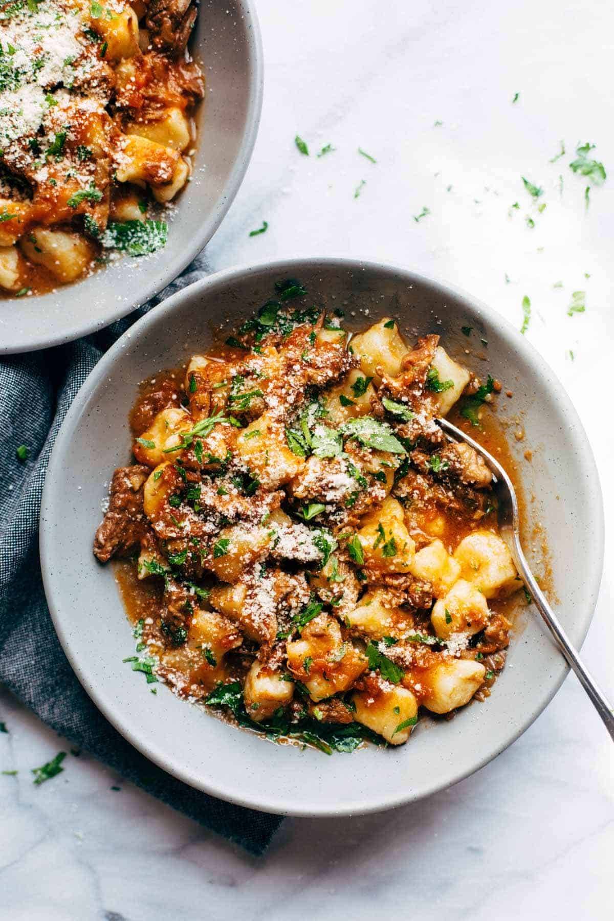 Instant Pot Short Rib Ragu with gnocchi in a bowl.