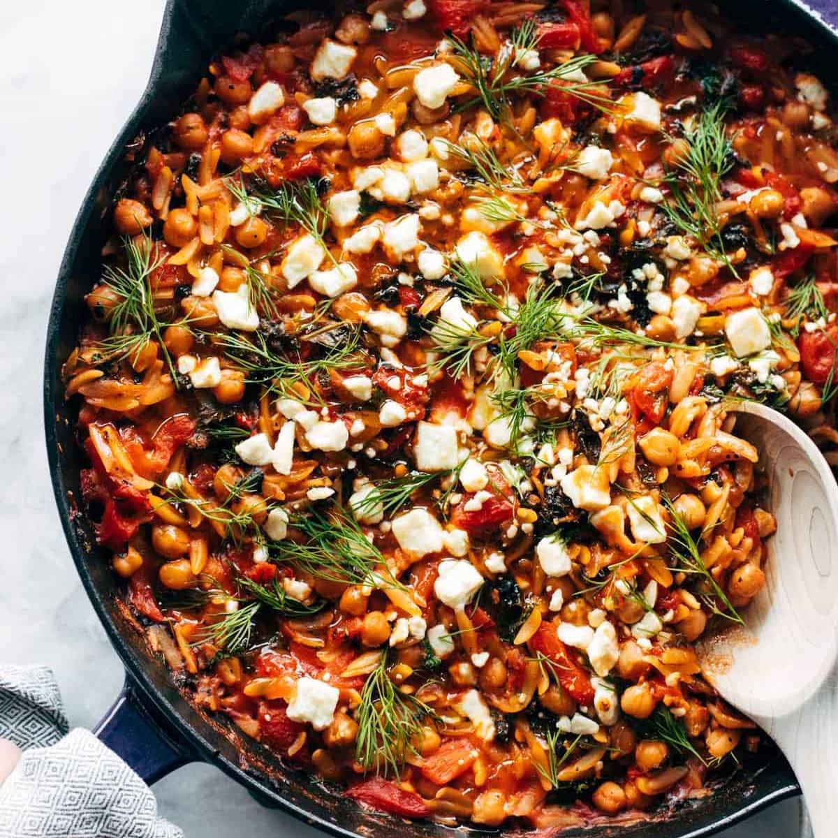 Greek Baked Orzo in a pan.