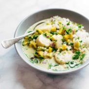 A picture of Green Curry Scallops with Mango Cilantro Salsa