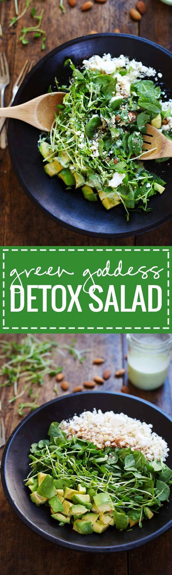 This Green Goddess Detox Salad has lots of good for you ingredients like avocado, almonds, herbs, and a delicious Green Goddess dressing.
